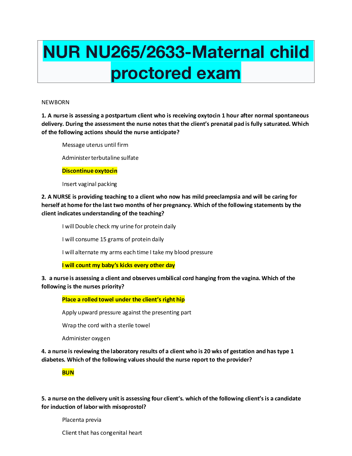 Preview of NUR NU265/2633-Maternal child proctored exam
